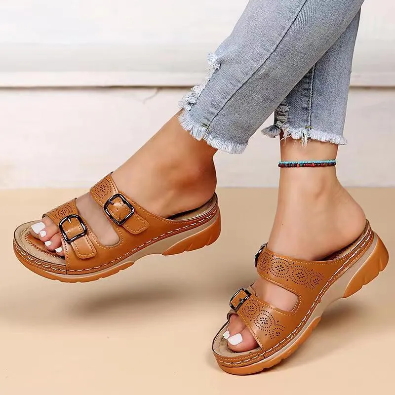 Amozae Fashion Double Buckle Wedge Slippers Women Summer 2023 Brown PU Leather Platform Sandals Woman Casual Non Slip Beach Flip Flops