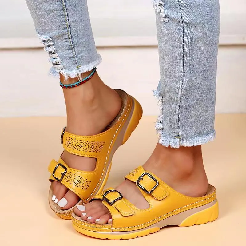 Amozae Fashion Double Buckle Wedge Slippers Women Summer 2023 Brown PU Leather Platform Sandals Woman Casual Non Slip Beach Flip Flops