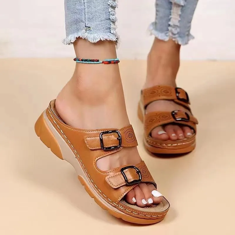 Amozae Fashion Double Buckle Wedge Slippers Women Summer 2023 Brown PU Leather Platform Sandals Woman Casual Non Slip Beach Flip Flops