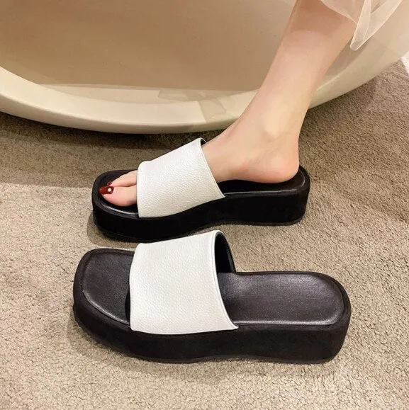 Amozae Flock Shoes Woman's Slippers Low Platform Slides Shale Female Beach Fashion 2022 Summer Sabot Soft Luxury Hoof Heels Basic Rome