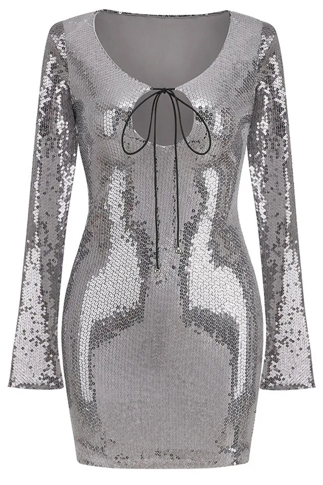 Amozae-hoco dresses -Sparkly Tie Neck Split Sleeve Bodycon Sequin Party Mini Dress - Black Gray