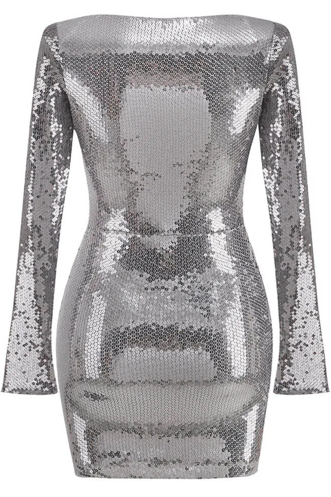 Amozae-hoco dresses -Sparkly Tie Neck Split Sleeve Bodycon Sequin Party Mini Dress - Black Gray