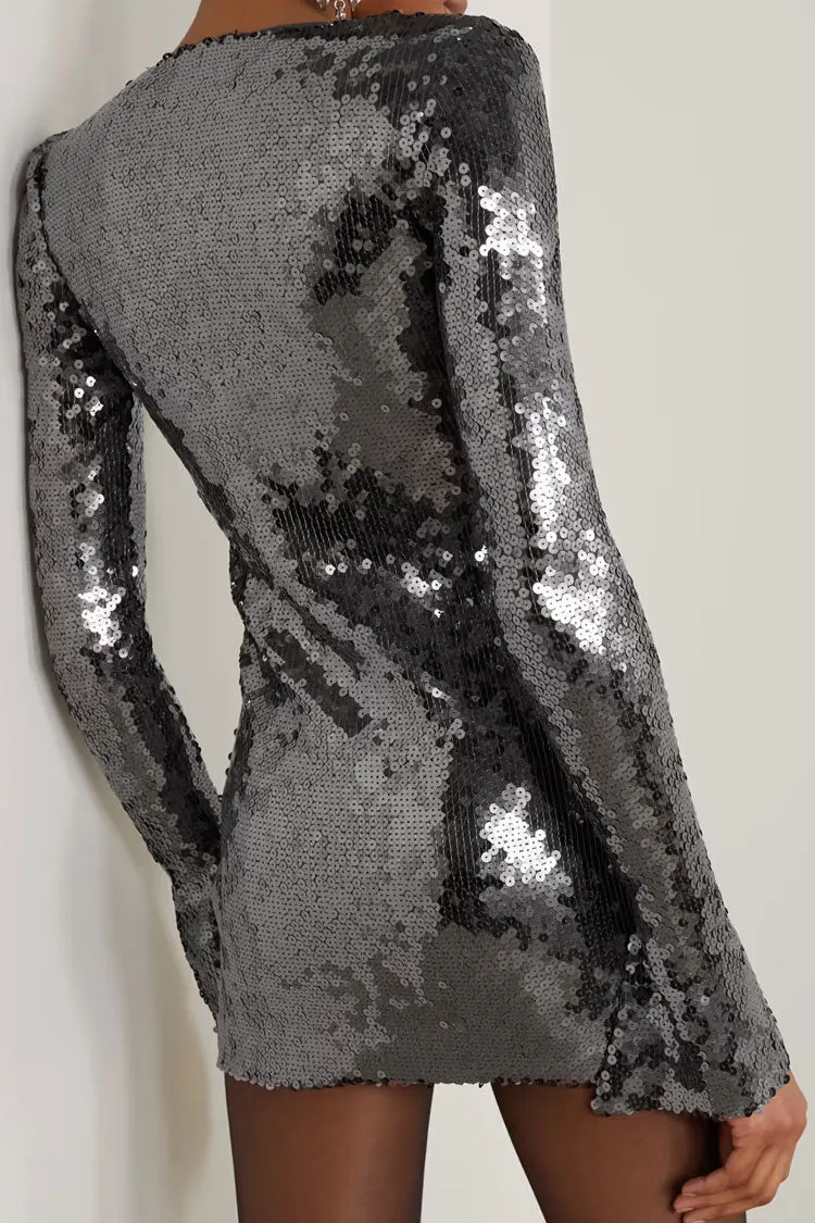 Amozae-hoco dresses -Sparkly Tie Neck Split Sleeve Bodycon Sequin Party Mini Dress - Black Gray