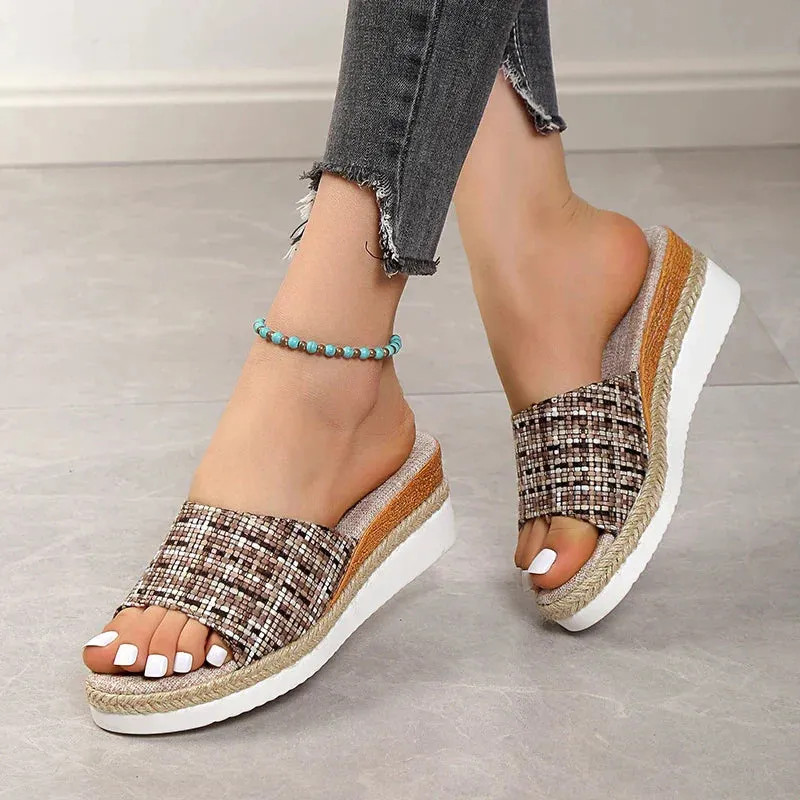 AMOZAE- -  Open Toe Platform Wedge Slippers