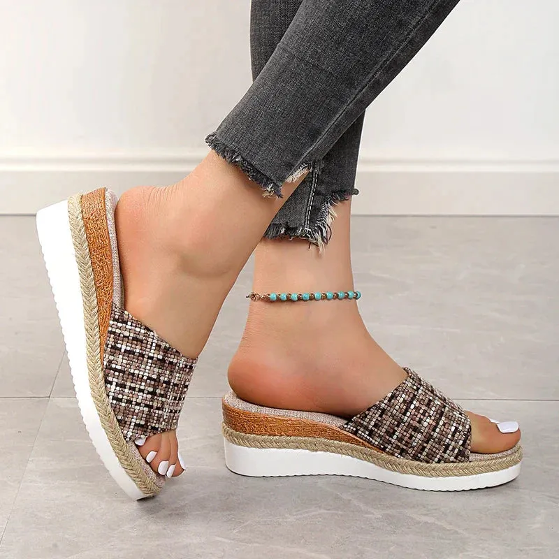 AMOZAE- -  Open Toe Platform Wedge Slippers