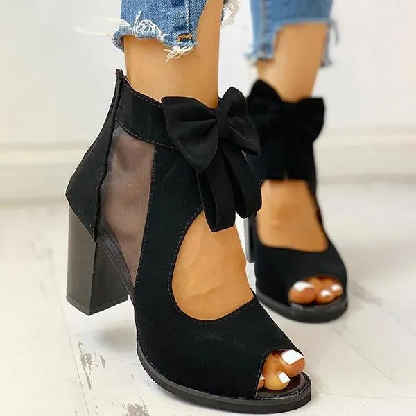 Amozae Peep Toe Mesh Insert Bowknot Chunky Heeled Sandals