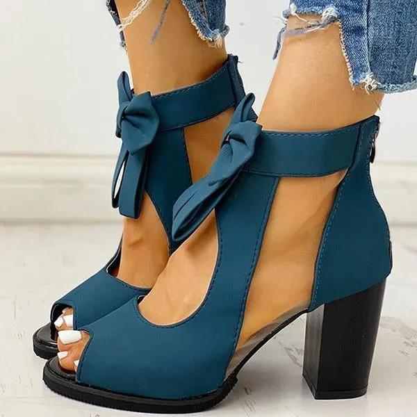 Amozae Peep Toe Mesh Insert Bowknot Chunky Heeled Sandals