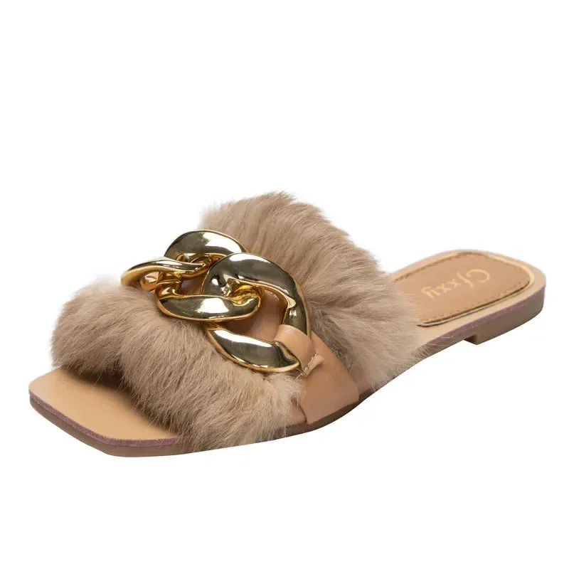 AMOZAE- - Plush Chain Sandals Fashionable White Flats with Furry Fur