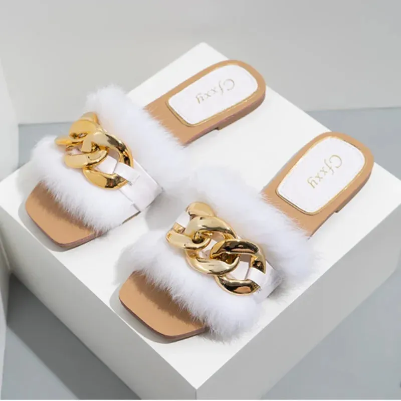 AMOZAE- - Plush Chain Sandals Fashionable White Flats with Furry Fur