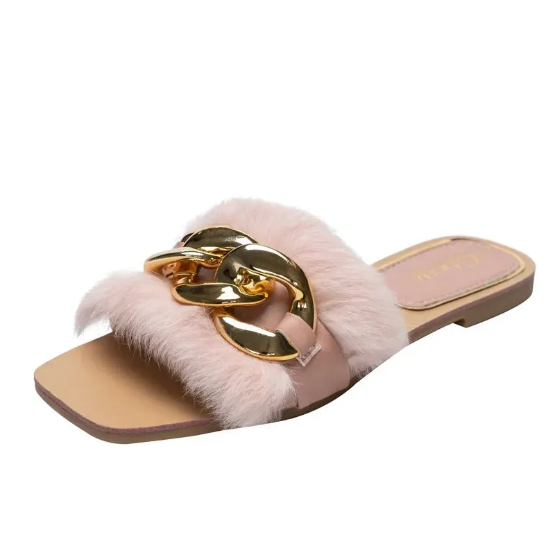 AMOZAE- - Plush Chain Sandals Fashionable White Flats with Furry Fur