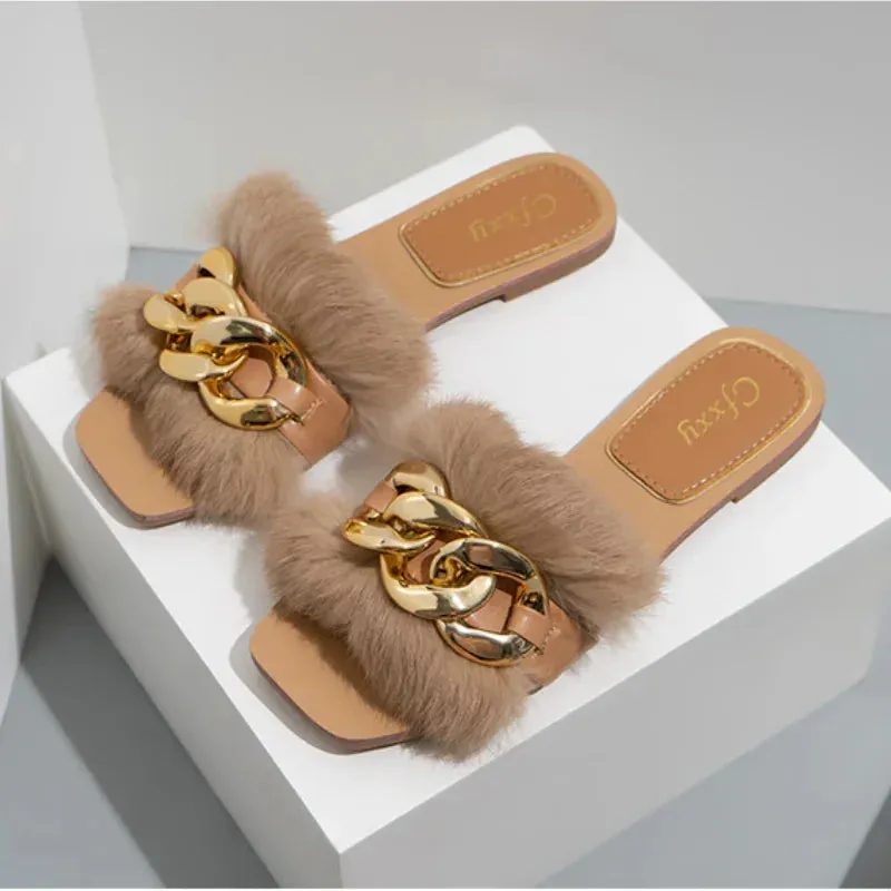 AMOZAE- - Plush Chain Sandals Fashionable White Flats with Furry Fur