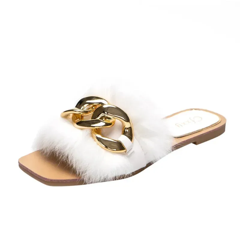 AMOZAE- - Plush Chain Sandals Fashionable White Flats with Furry Fur