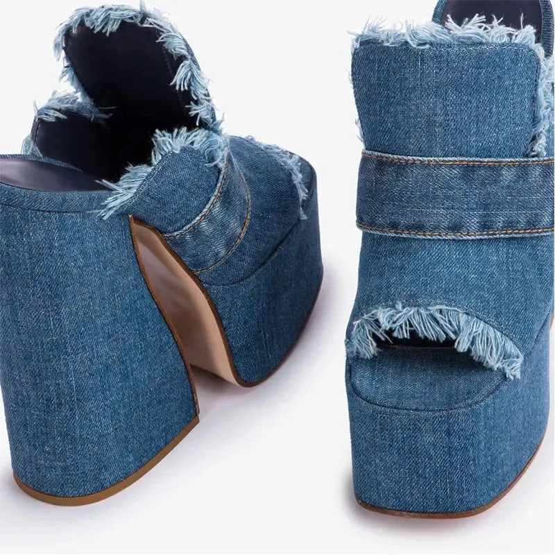 Amozae-Women's New Square Head Open Toe Denim Fabric Ultra High Thick Heel Thick Waterproof Platform Fashion Outwear Slippers