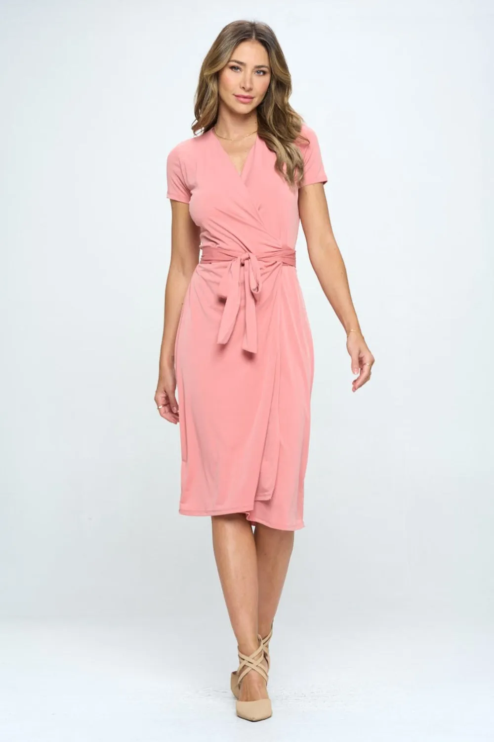 Angie Tie Front Surplice Short Sleeve Dress