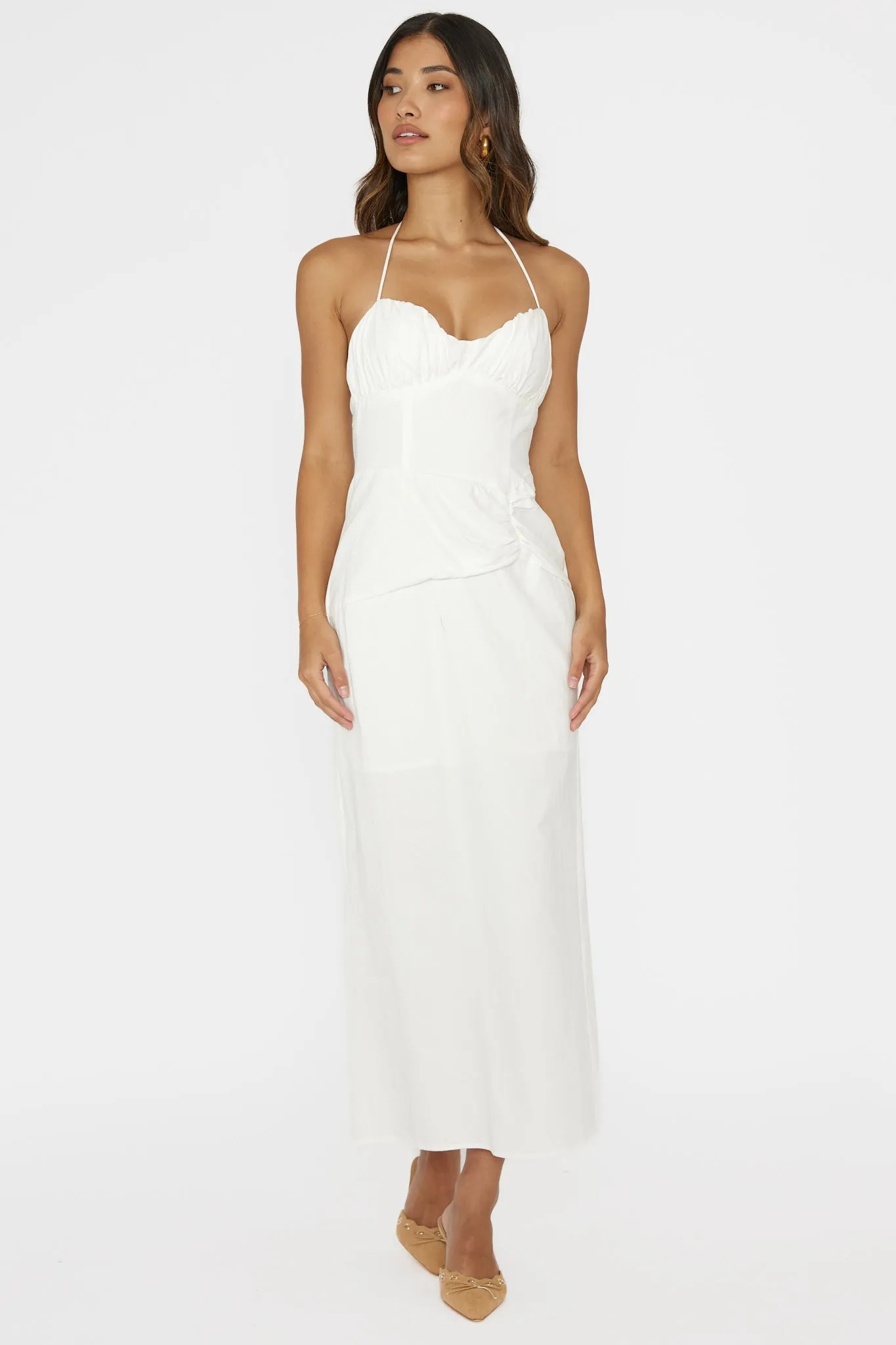 Arielle Gathered Bust Halterneck Midi Dress White