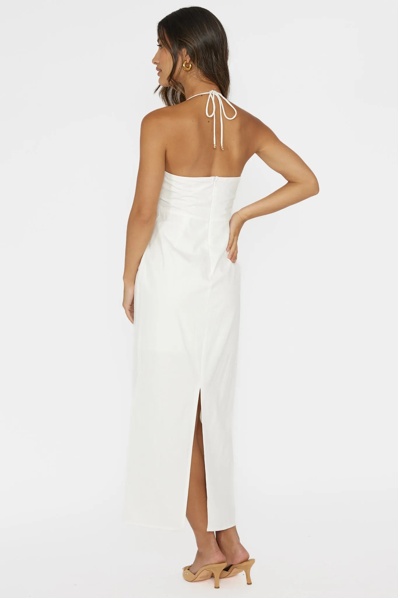 Arielle Gathered Bust Halterneck Midi Dress White