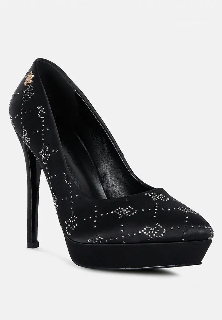 BALLARD Black Monogram Satin Stiletto Pumps