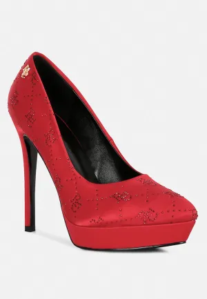 BALLARD Red Monogram Satin Stiletto Pumps