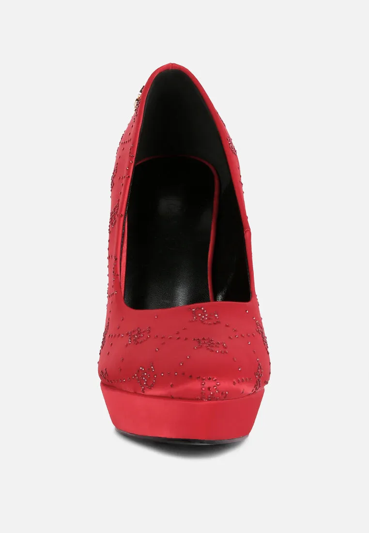 BALLARD Red Monogram Satin Stiletto Pumps