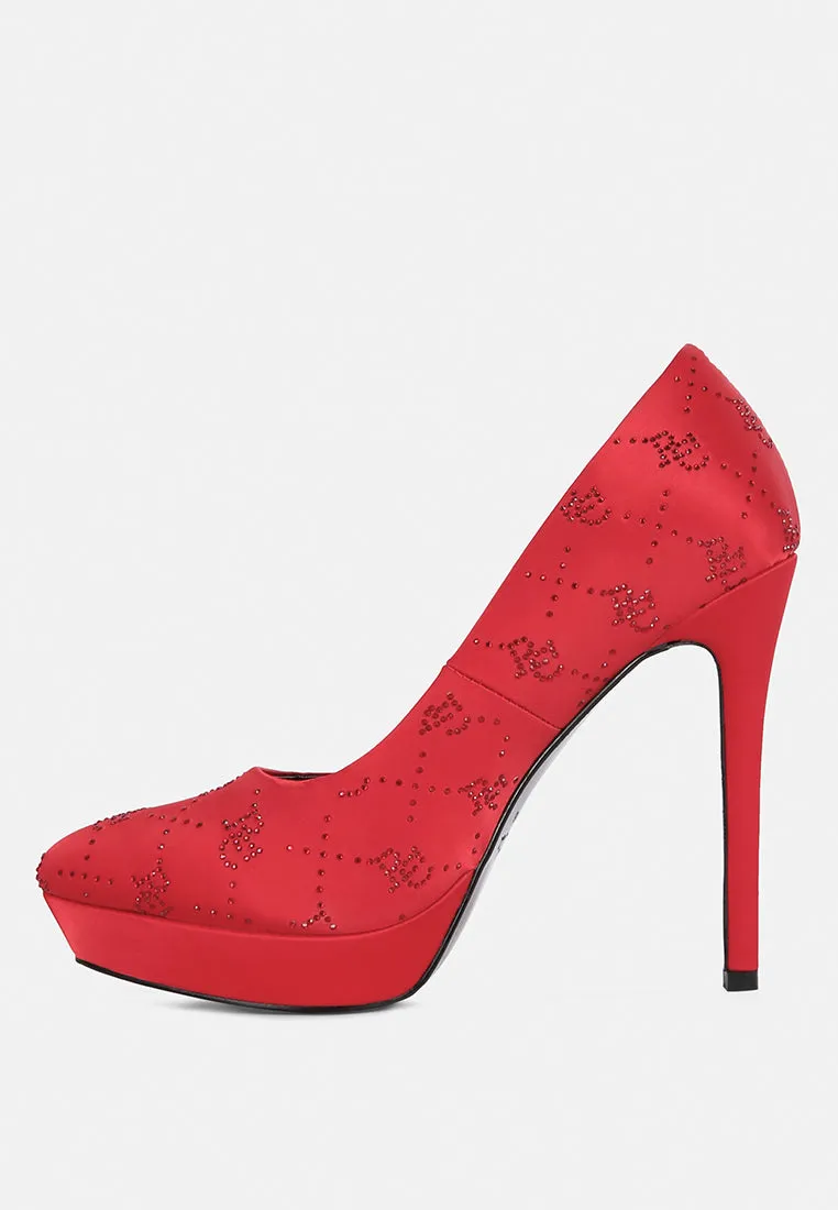 BALLARD Red Monogram Satin Stiletto Pumps