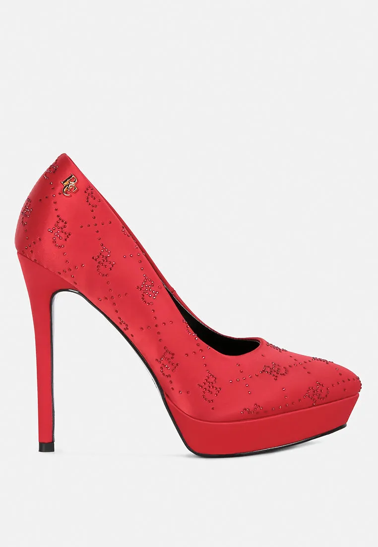 BALLARD Red Monogram Satin Stiletto Pumps