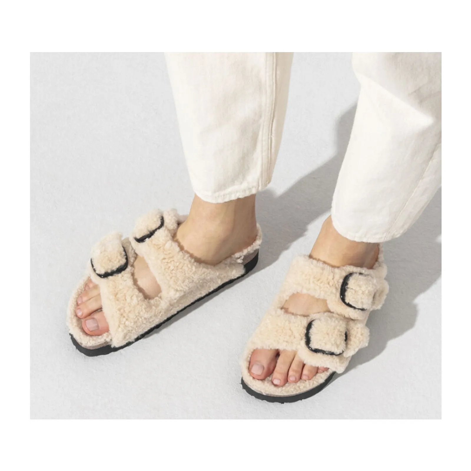 Birkenstock Arizona Big Buckle Slide Sandal (Women) - Teddy Eggshell Shearling