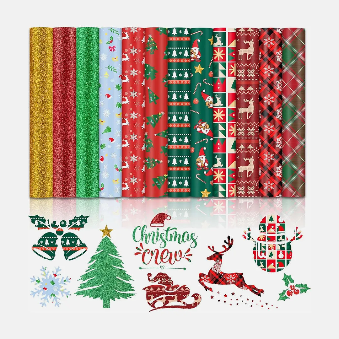 Christmas Patterned Heat Transfer Vinyl Bundle - 13 Sheets 12"x10"