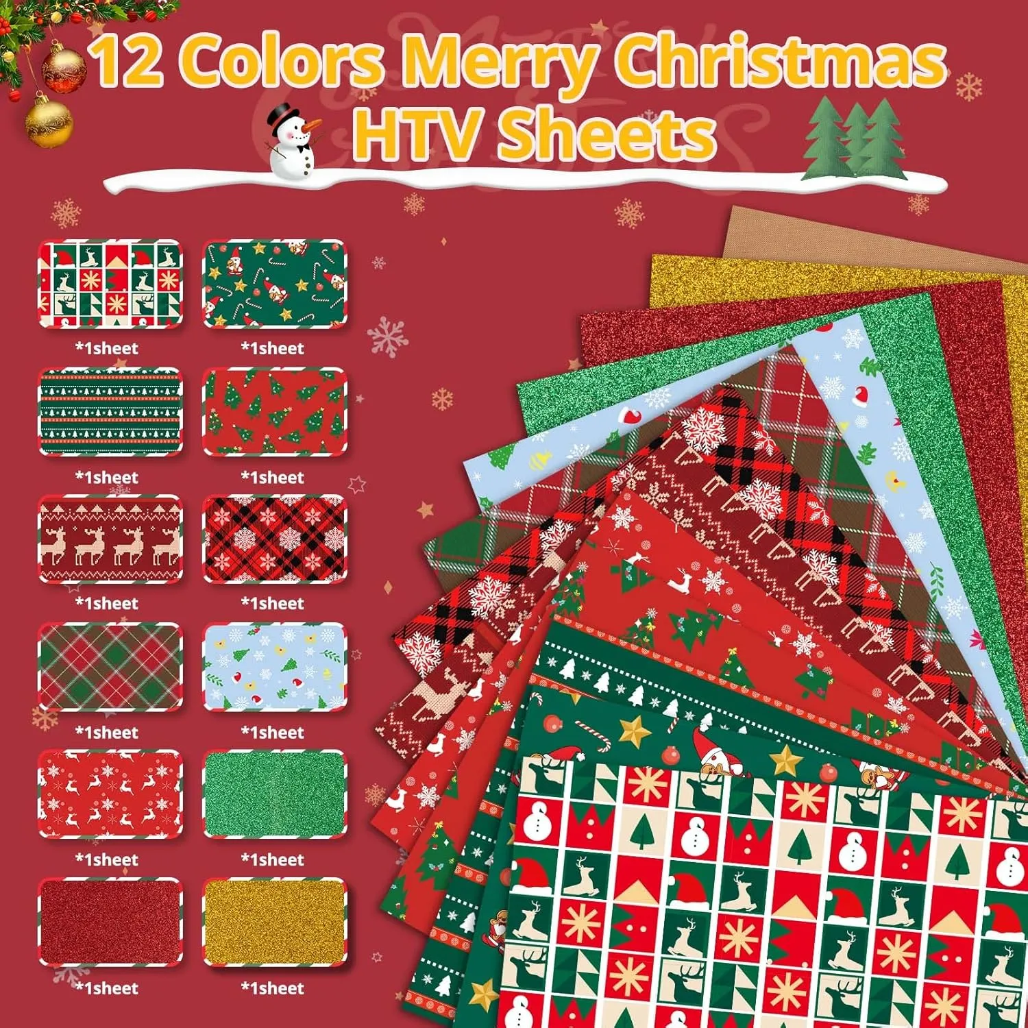 Christmas Patterned Heat Transfer Vinyl Bundle - 13 Sheets 12"x10"