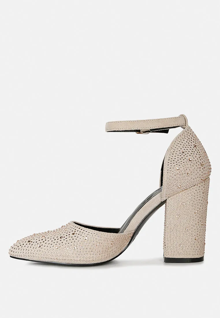 CULVER Rhinestone Embellished Block Heel Sandals in Beige