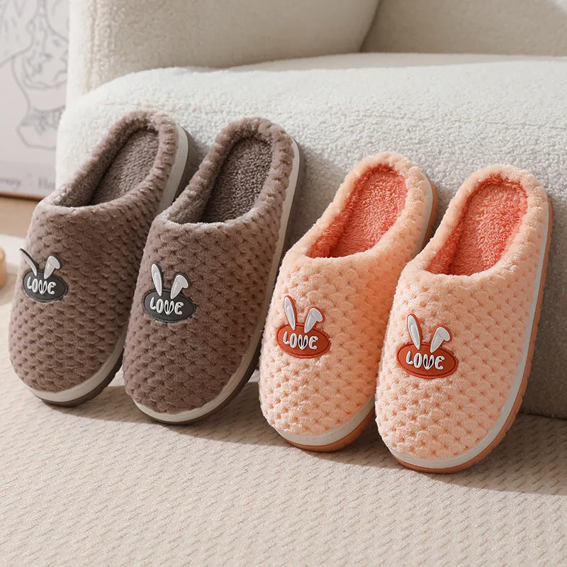 Cute Rabbit Plaid Design Home Slippers Winter Warm Thick-soled Cotton House Shoes For Women Indoor Non-slip Solid Couple Plush Slipper