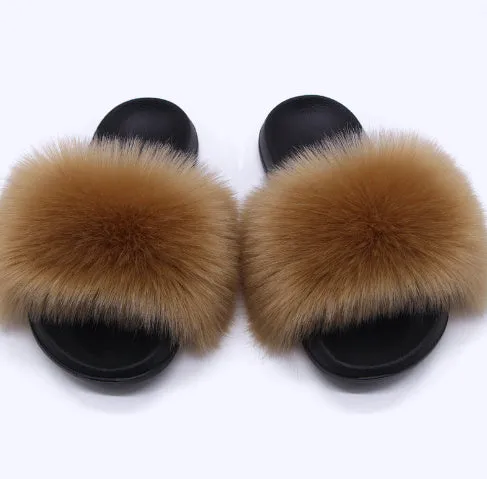 Faux Fox Fur Slippers Women Non Slip Plush Slippers