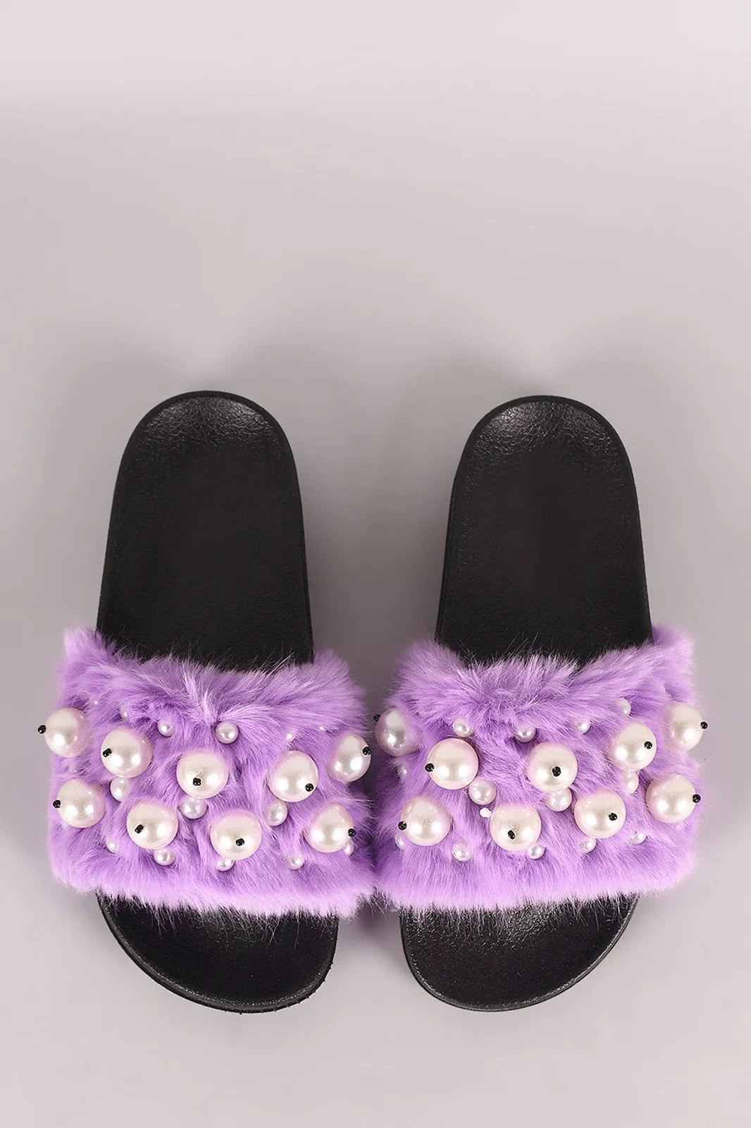 Faux Pearl Embellished Fur Slide Sandals