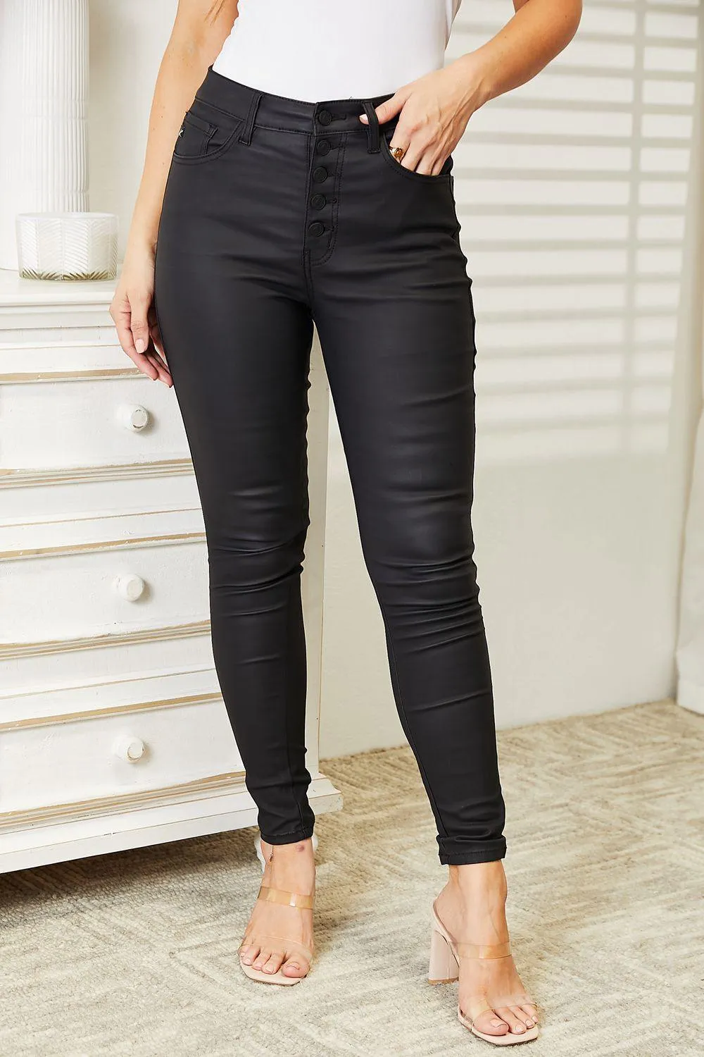 Full Size High Rise Black Coated Skinny Jeans