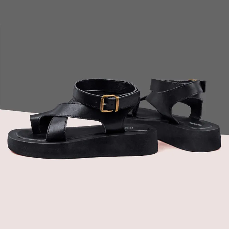 Genuine Leather Single Toe Roman Sandals with Buckle