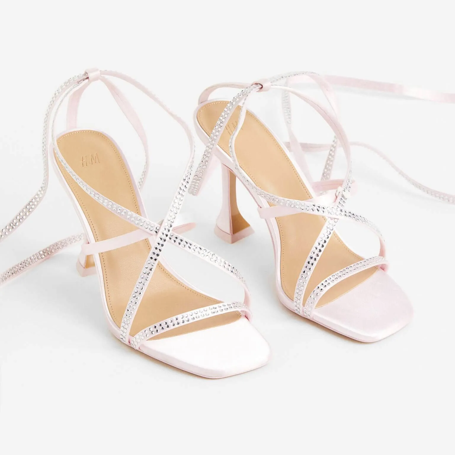 H&M Spool-heeled Satin sandals, light pink