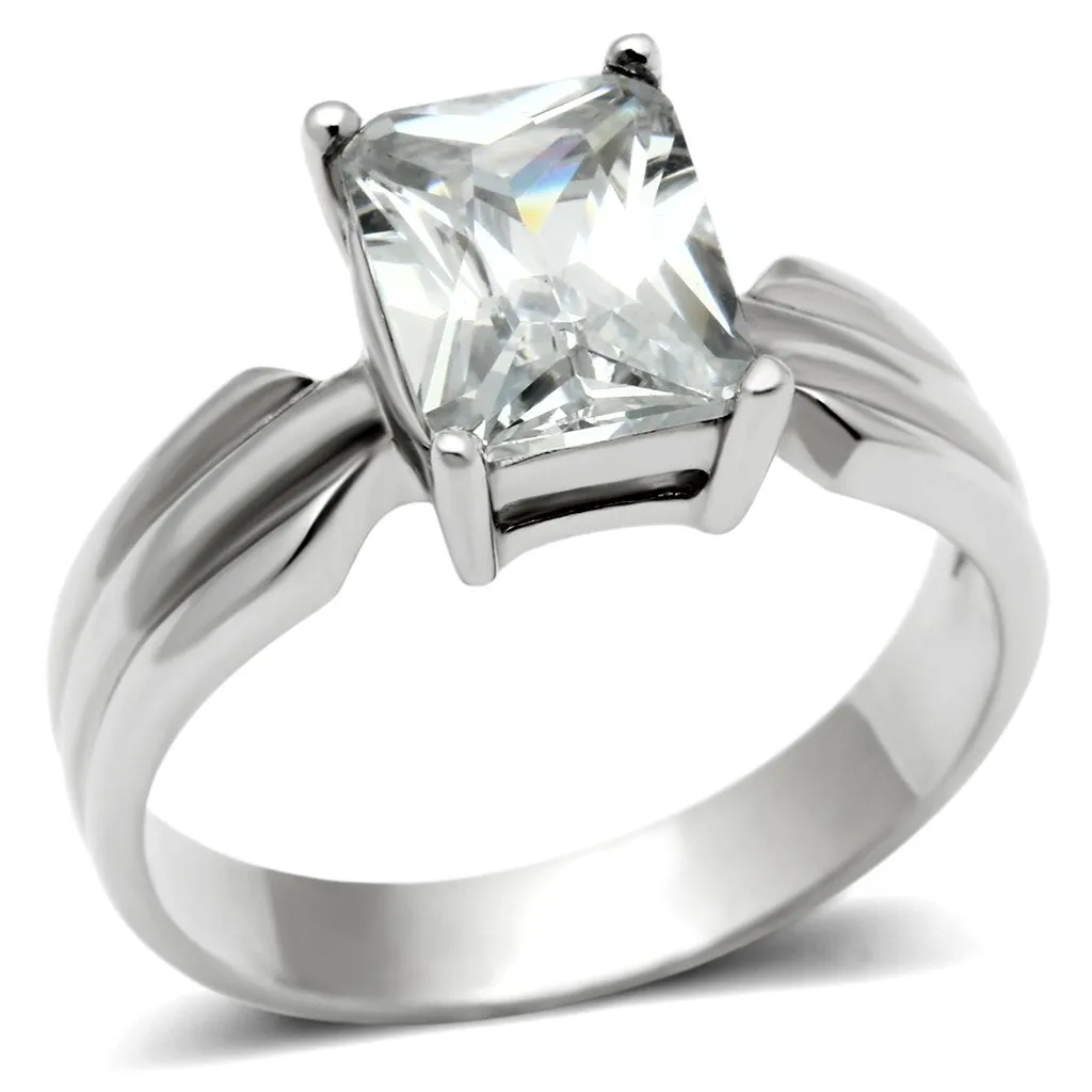 High polished (no plating) Stainless Steel Ring with AAA Grade CZ in Clear for Women Style TK391