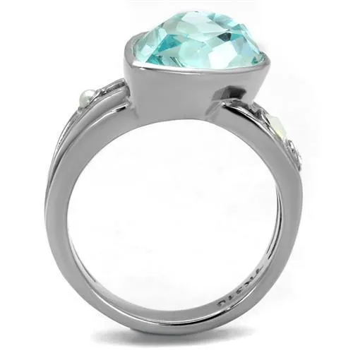 High polished (no plating) Stainless Steel Ring with Top Grade Crystal in Sea Blue for Women Style TK2502