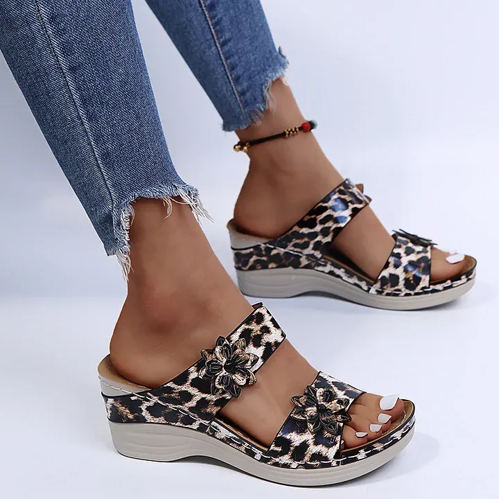 Leopard / Snake Print Orthopedic Leather Wedge Soft Sole Sandals