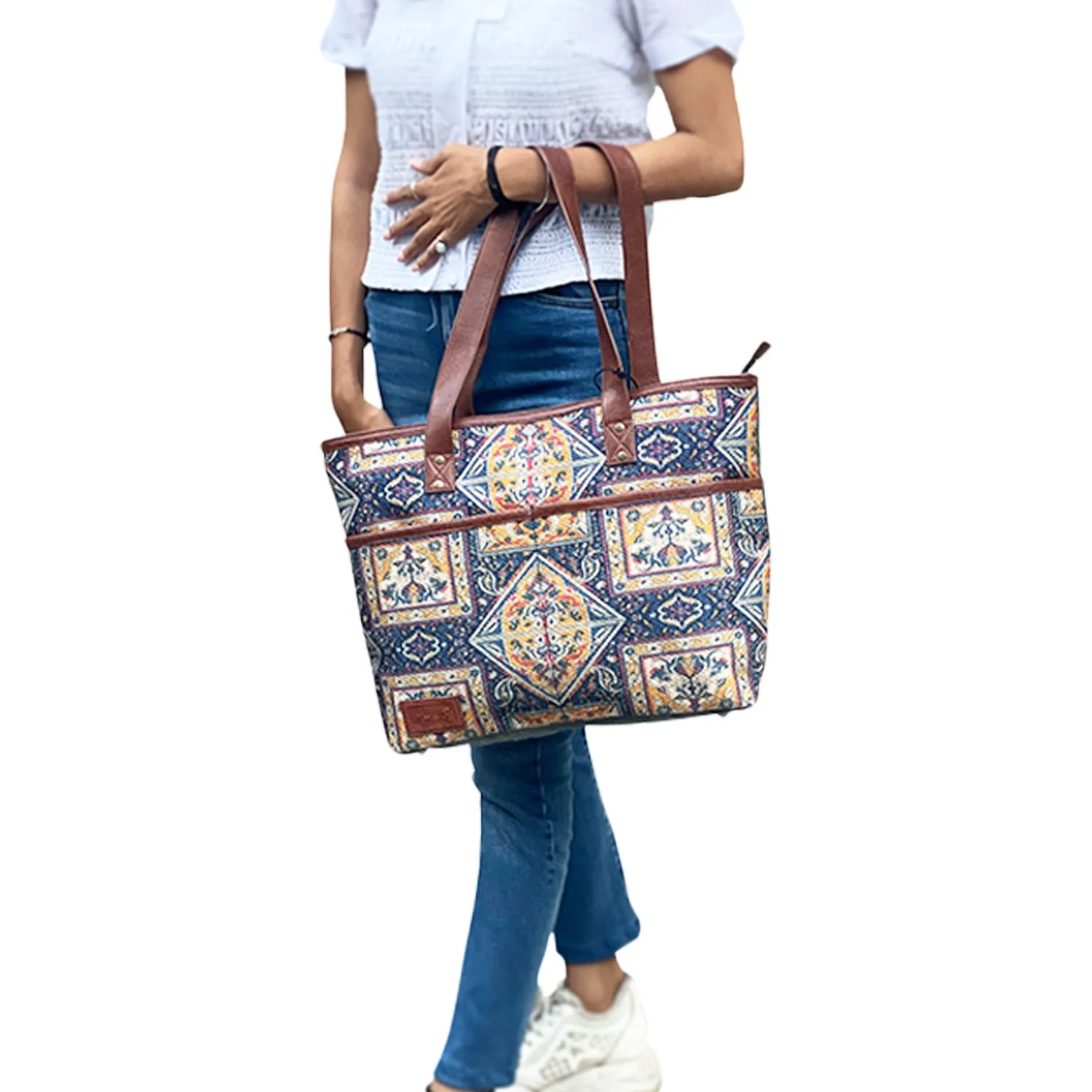 Mona B Large Kilim Inspired Canvas Handbag for Women | Zipper Tote Bag | Crossbody Bag | Stylish Vintage Shoulder Bags for Women: Chocolate