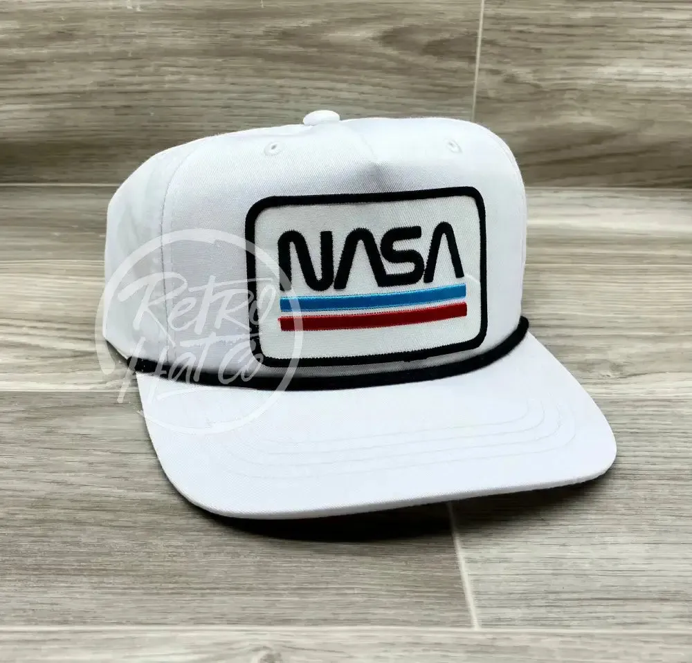 NASA (Underline) Patch on White Retro Hat w/Black Rope