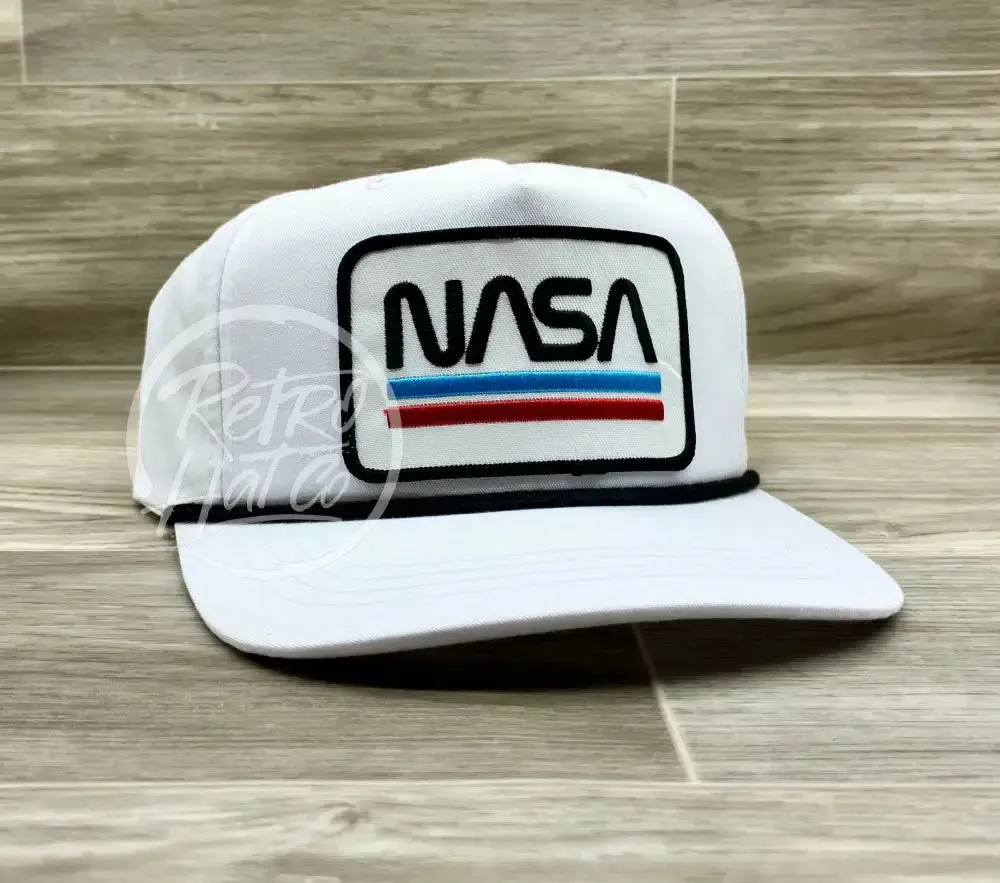 NASA (Underline) Patch on White Retro Hat w/Black Rope