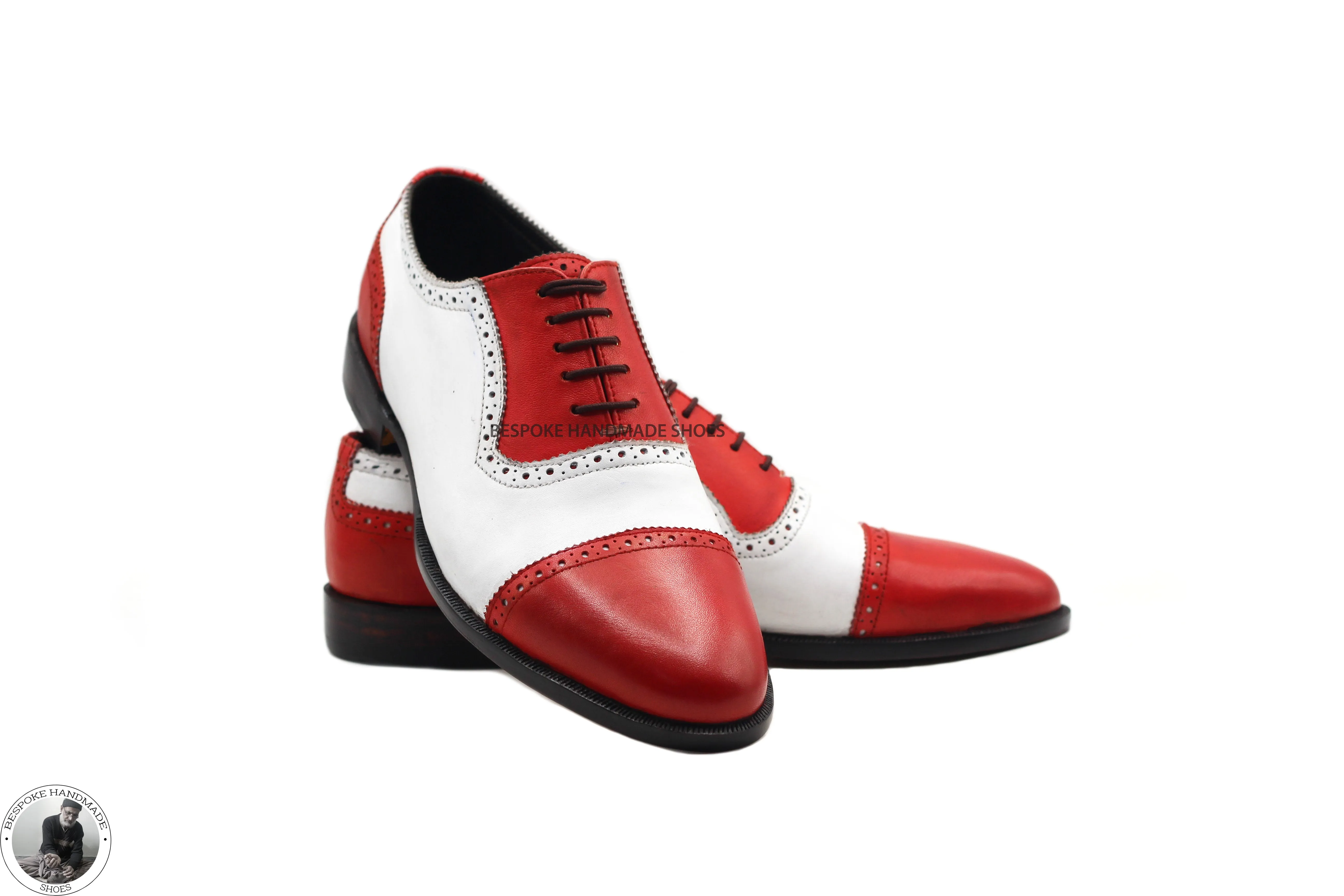 New Men's Handmade White & Red Color Leather Toe Cap Oxford Lace Up Designer Shoes For Men's