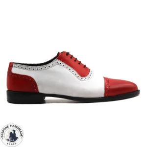 New Men's Handmade White & Red Color Leather Toe Cap Oxford Lace Up Designer Shoes For Men's