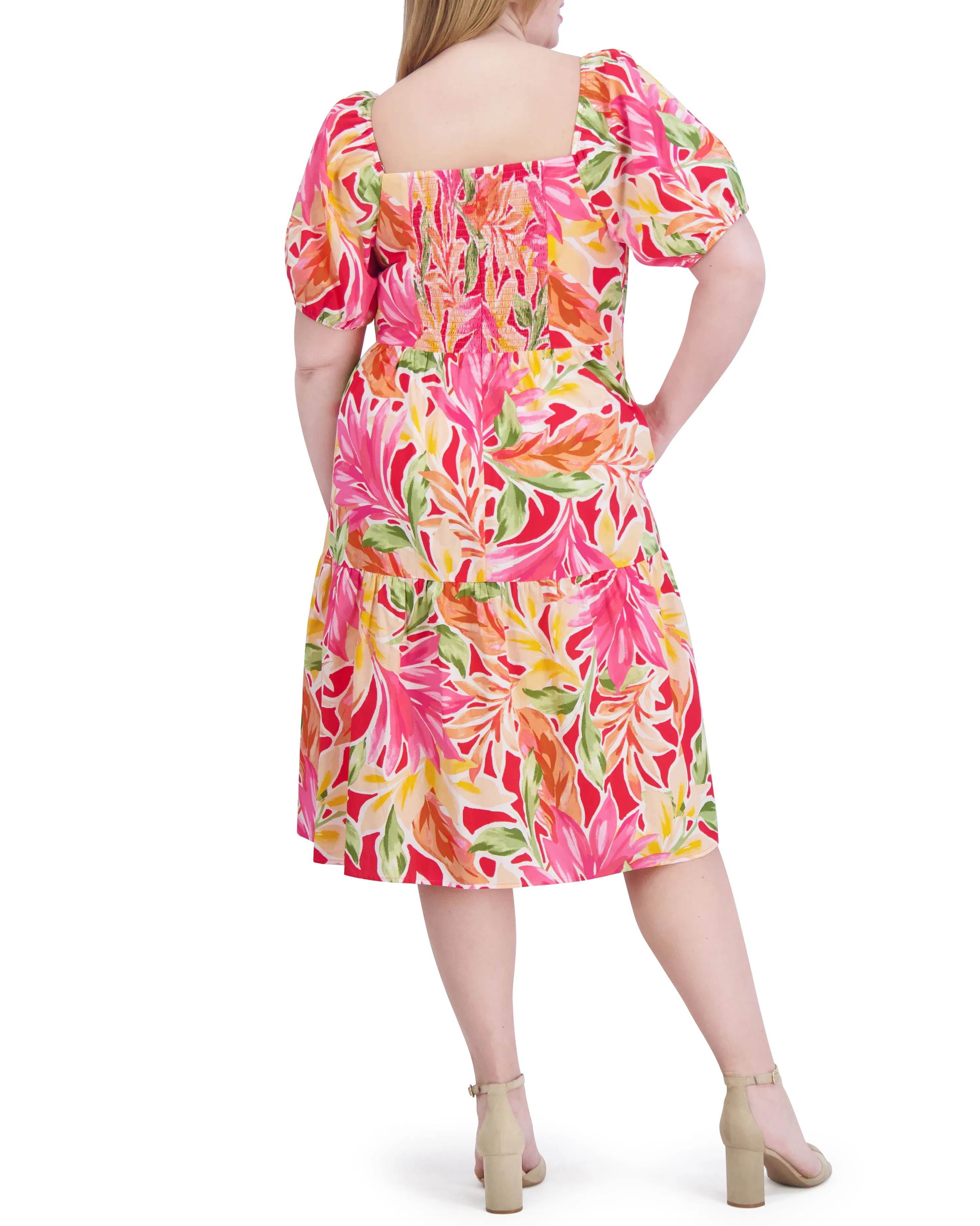 Plus-Size Printed Cotton Square-Neck Midi Dress