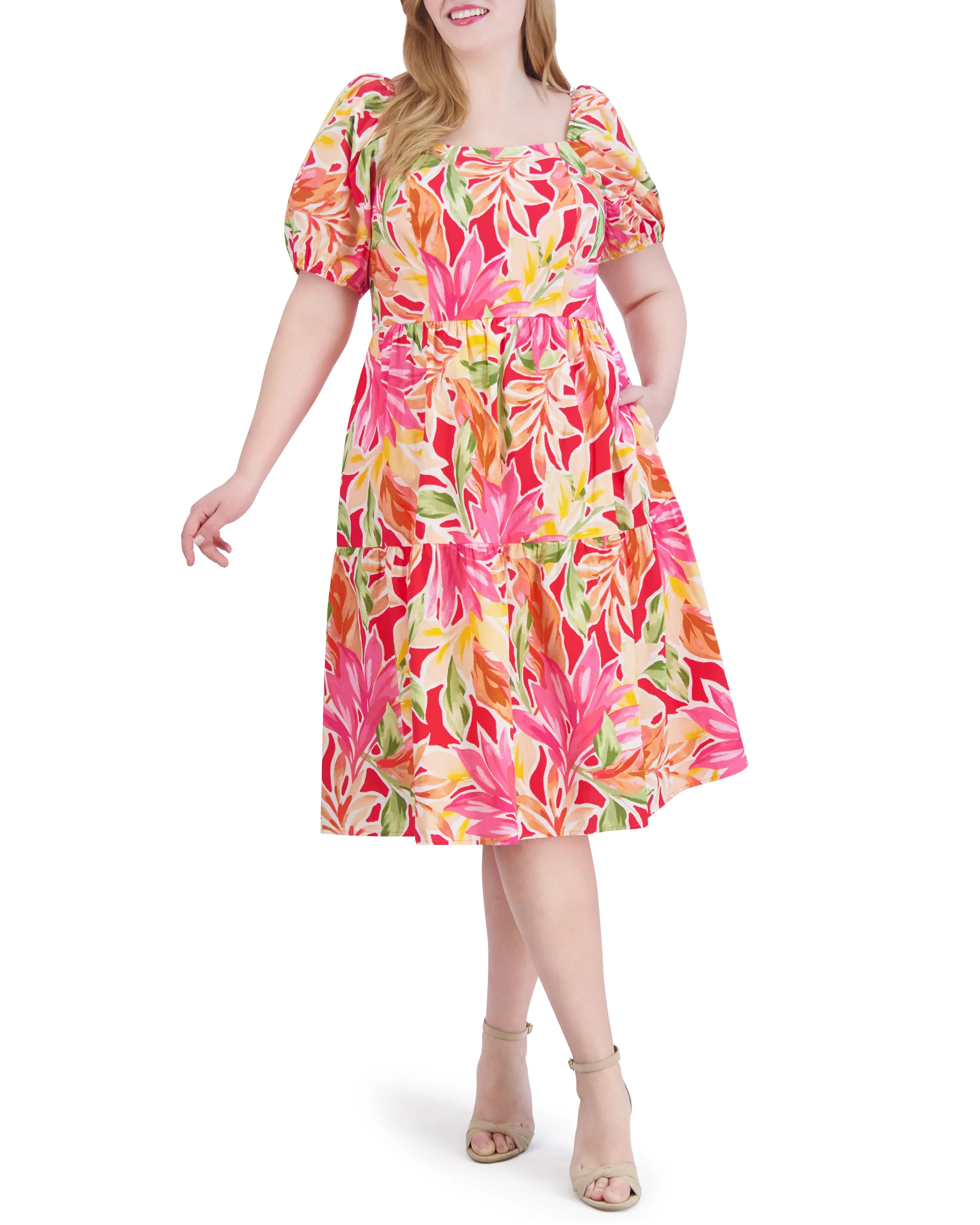 Plus-Size Printed Cotton Square-Neck Midi Dress