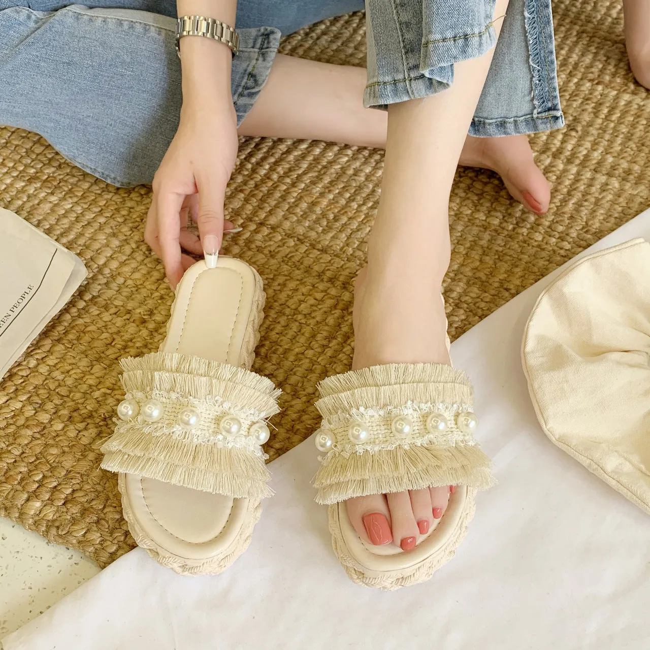 Slipper Slides with Pearls for Women