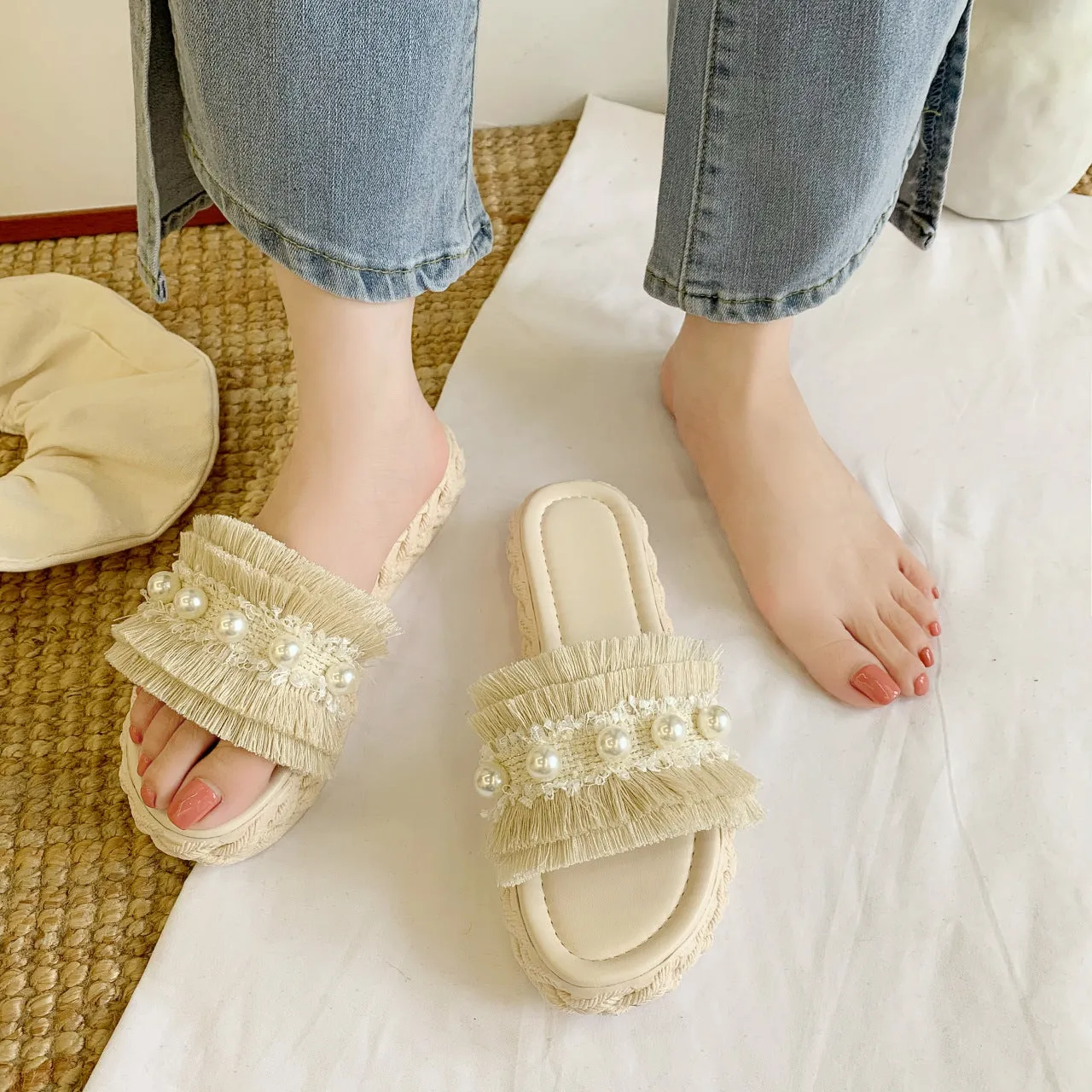 Slipper Slides with Pearls for Women