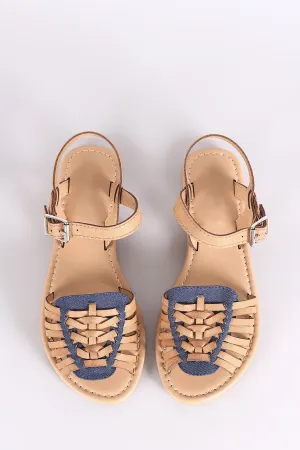 Soda Woven Denim Peep Toe Ankle Strap Flat Sandal