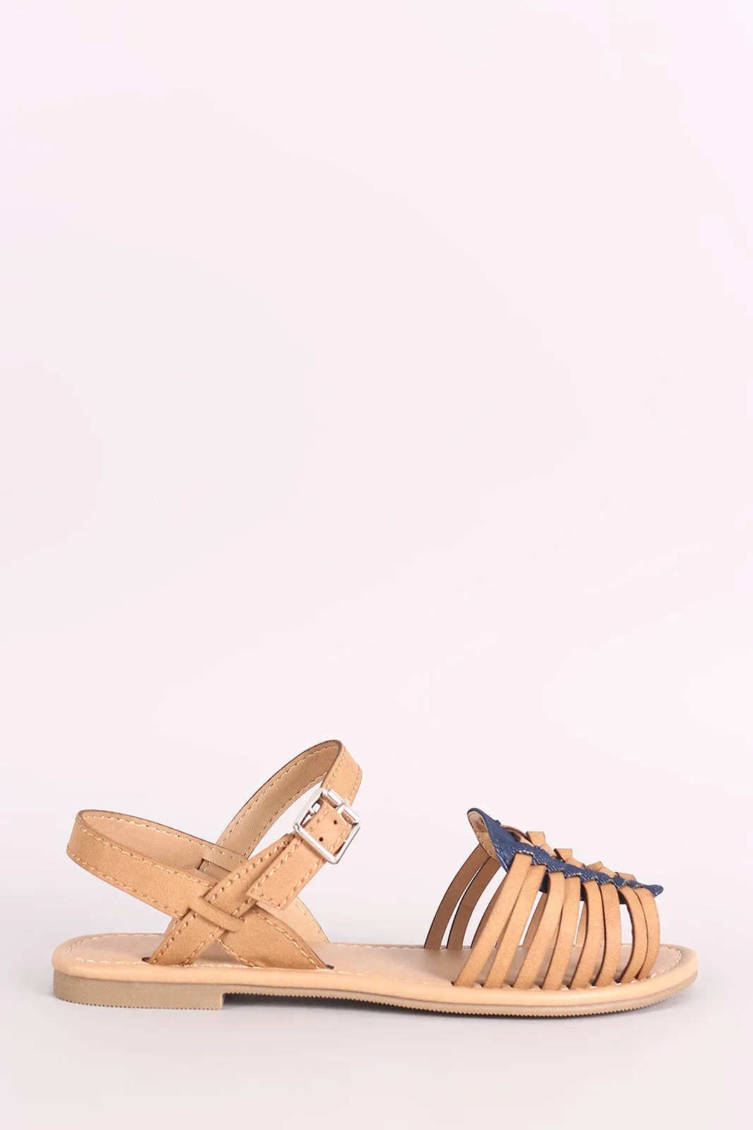 Soda Woven Denim Peep Toe Ankle Strap Flat Sandal