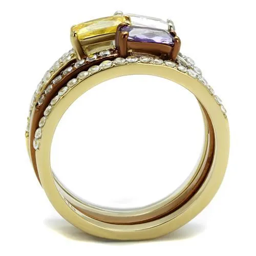 Three Tone IPÃ¯Â¼Ë†IP Gold & IP Light coffee & High Polished) Stainless Steel Ring with AAA Grade CZ in Multi Color for Women Style TK2960